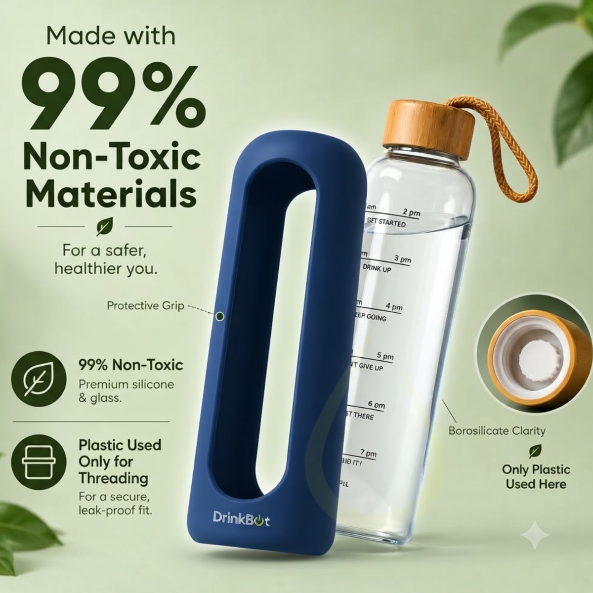 DrinkBot Flare Eco Glass Water Bottle — 1 Litre Borosilicate | Bamboo Lid & Jute Rope | Time Markers | Almost Zero Plastic