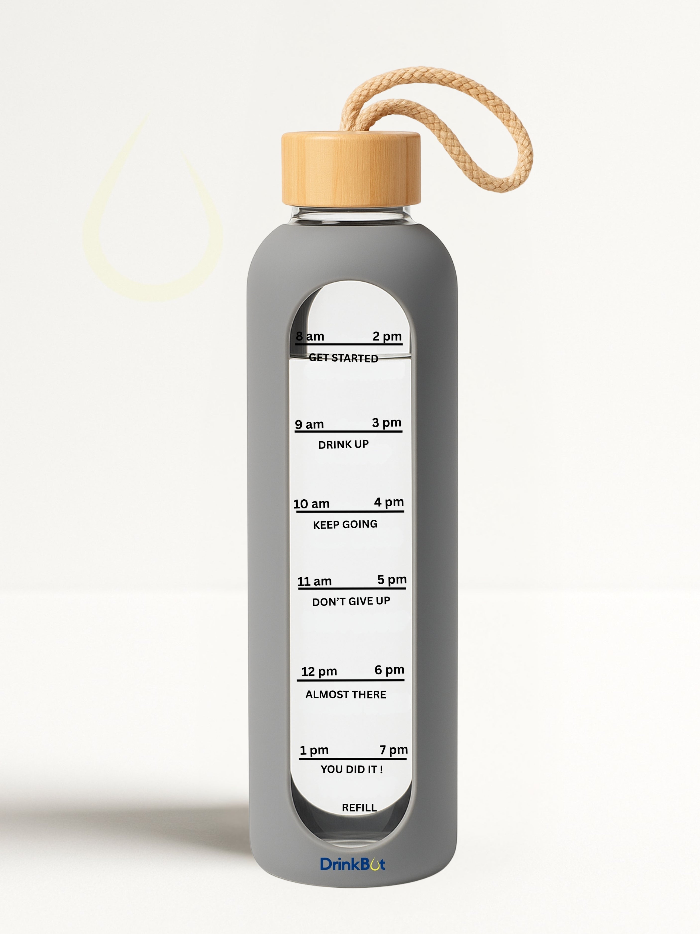 Drinkbot Flare – Borosilicate Glass Water Bottle with Time Marker & Motivational Quotes | Leak-Proof, BPA-Free, Reusable Bottle with Non-Slip Silicone Sleeve & Bamboo Lid