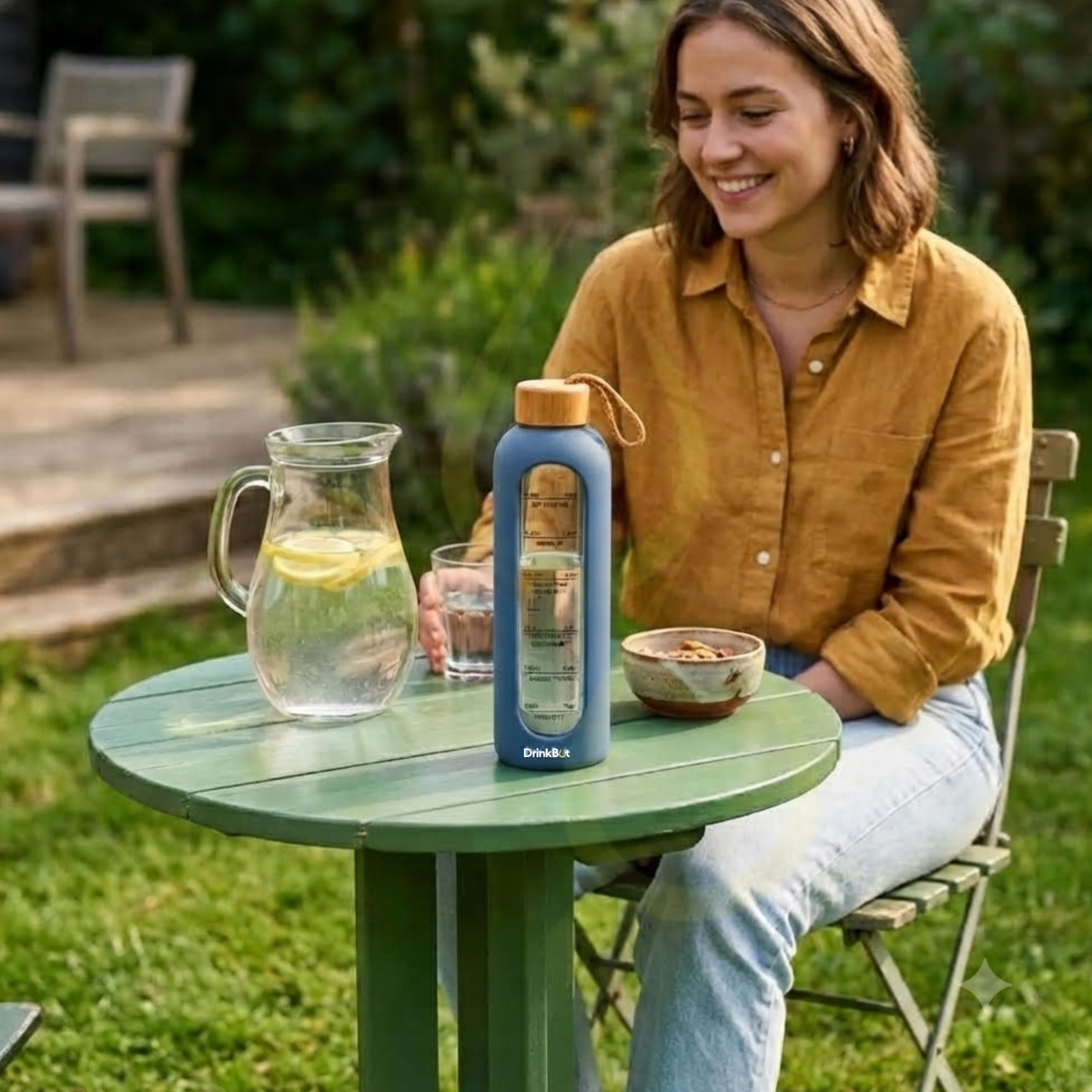 DrinkBot Flare Eco Glass Water Bottle — 1 Litre Borosilicate | Bamboo Lid & Jute Rope | Time Markers | Almost Zero Plastic