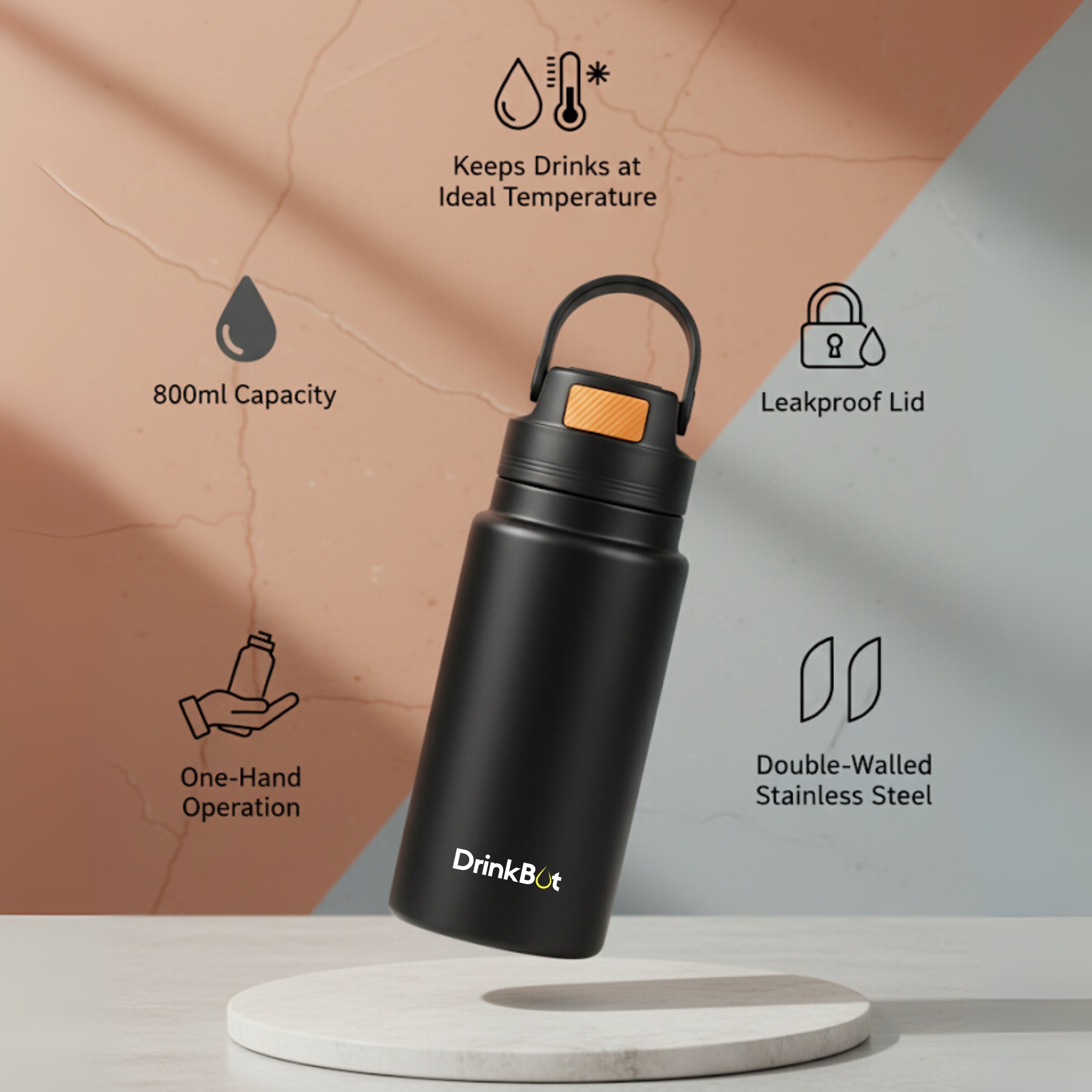 Drinkbot Luna | The Ultimate Recycled Stainless Steel Eco-Friendly & Reusable Water Bottle Ideal for School, Outdoor, Gym, Home, and Office Use - Leak Proof and BPA-Free, PVC Free - 800ml